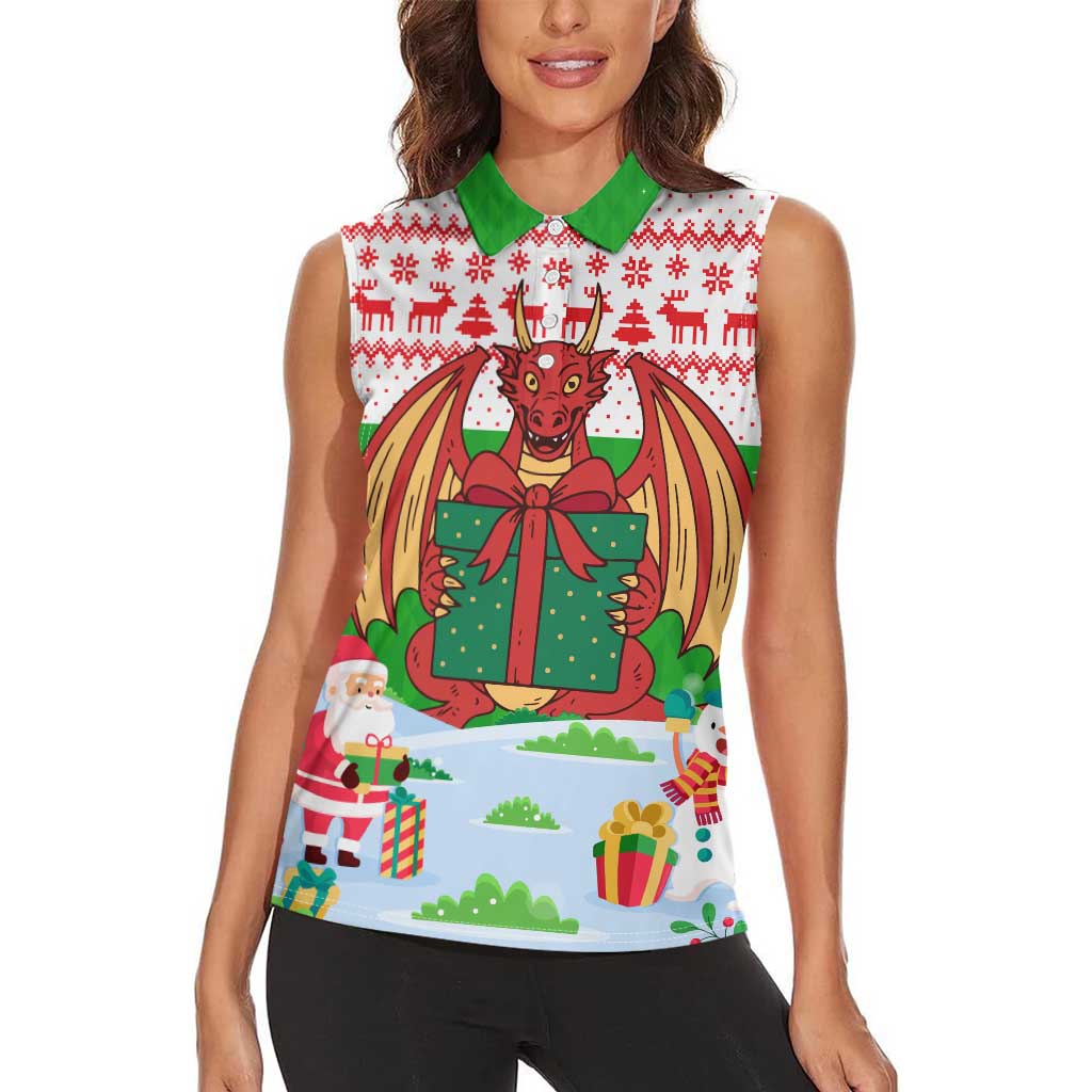 Wales Christmas Women Sleeveless Polo Shirt with Red Dragon Gift and Holiday Crest Snow Scene - Wonder Print Shop