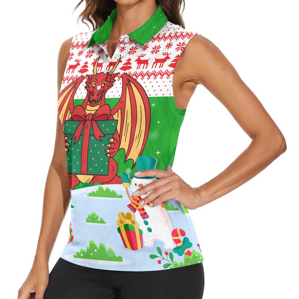 Wales Christmas Women Sleeveless Polo Shirt with Red Dragon Gift and Holiday Crest Snow Scene - Wonder Print Shop