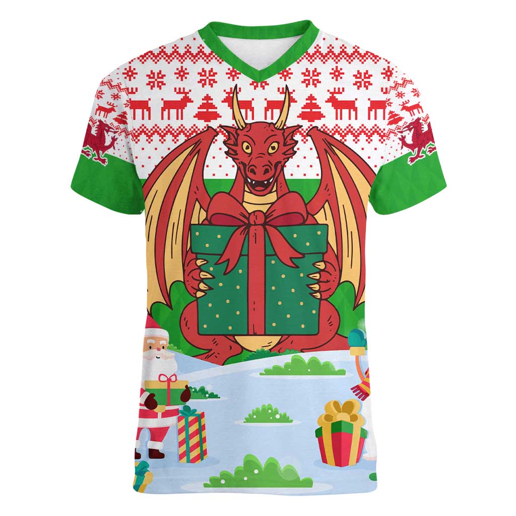Wales Christmas Women V-Neck T-Shirt with Red Dragon Gift and Holiday Crest Snow Scene - Wonder Print Shop