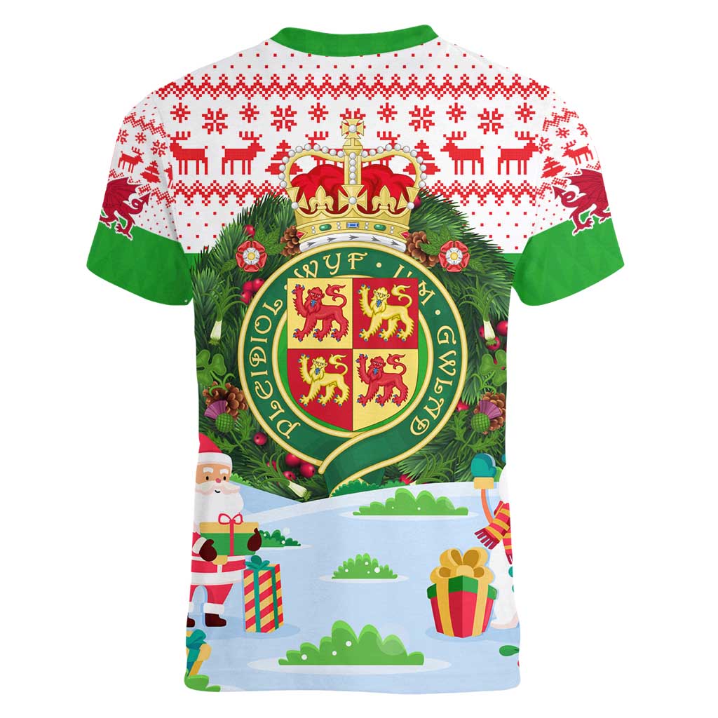 Wales Christmas Women V-Neck T-Shirt with Red Dragon Gift and Holiday Crest Snow Scene - Wonder Print Shop