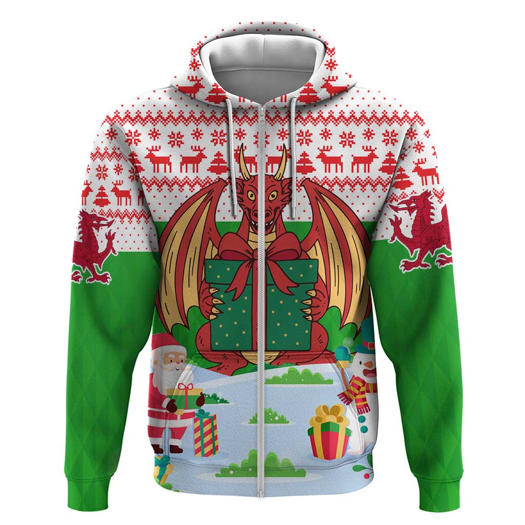 Wales Christmas Zip Hoodie with Red Dragon Gift and Holiday Crest Snow Scene - Wonder Print Shop