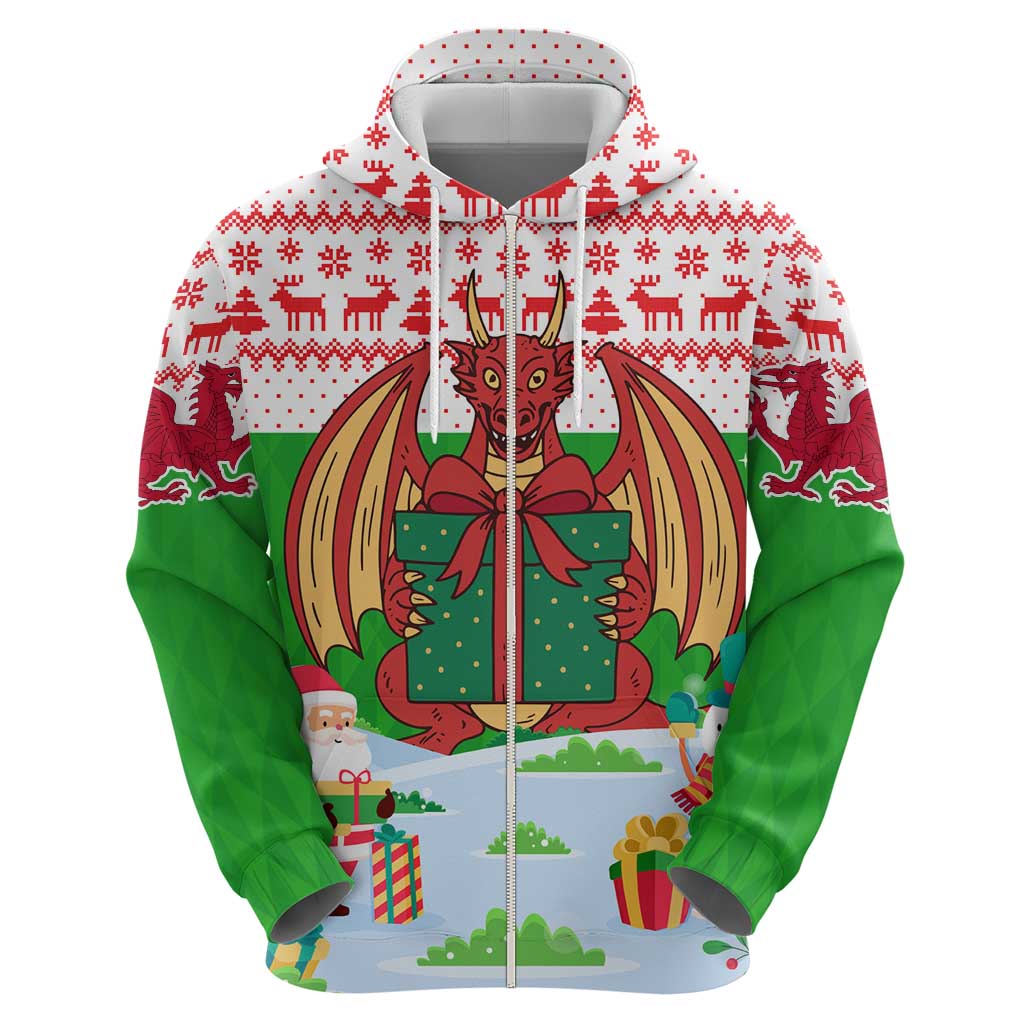 Wales Christmas Zip Hoodie with Red Dragon Gift and Holiday Crest Snow Scene - Wonder Print Shop