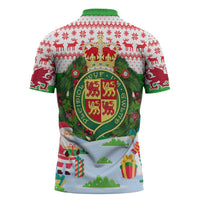 Wales Christmas Zipper Polo Shirt with Red Dragon Gift and Holiday Crest Snow Scene - Wonder Print Shop