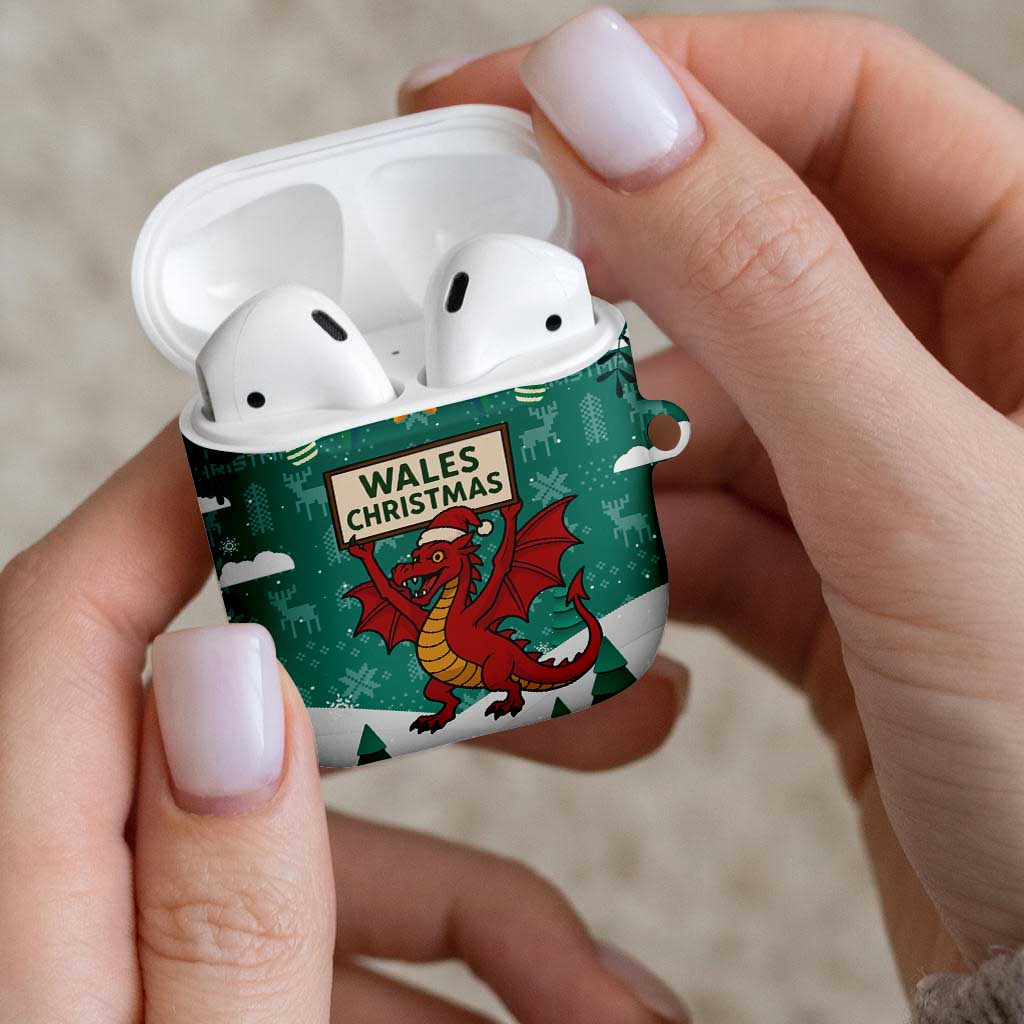 Wales Christmas AirPods Case with Red Dragon Santa Sleigh and Festive Green Snowflake - Wonder Print Shop