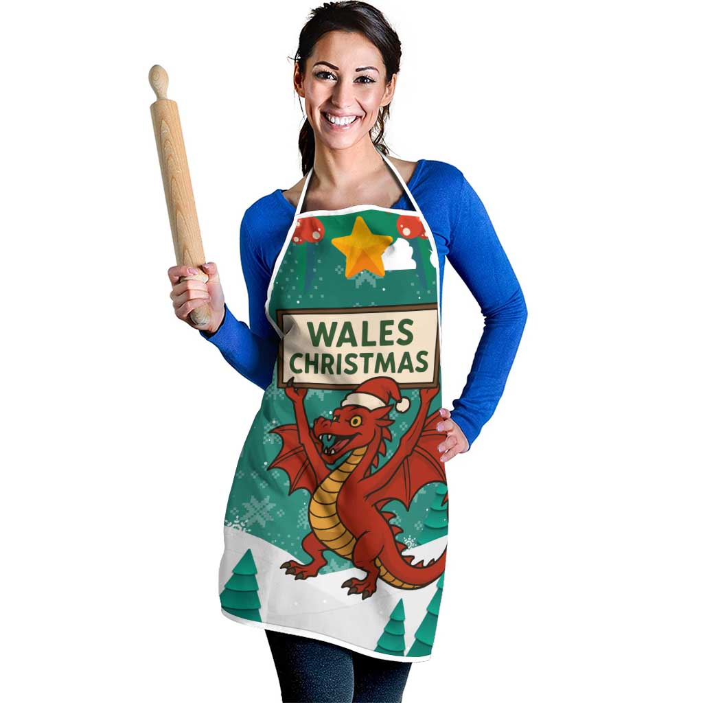 Wales Christmas Apron with Red Dragon Santa Sleigh and Festive Green Snowflake - Wonder Print Shop