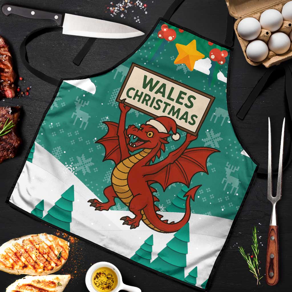 Wales Christmas Apron with Red Dragon Santa Sleigh and Festive Green Snowflake - Wonder Print Shop
