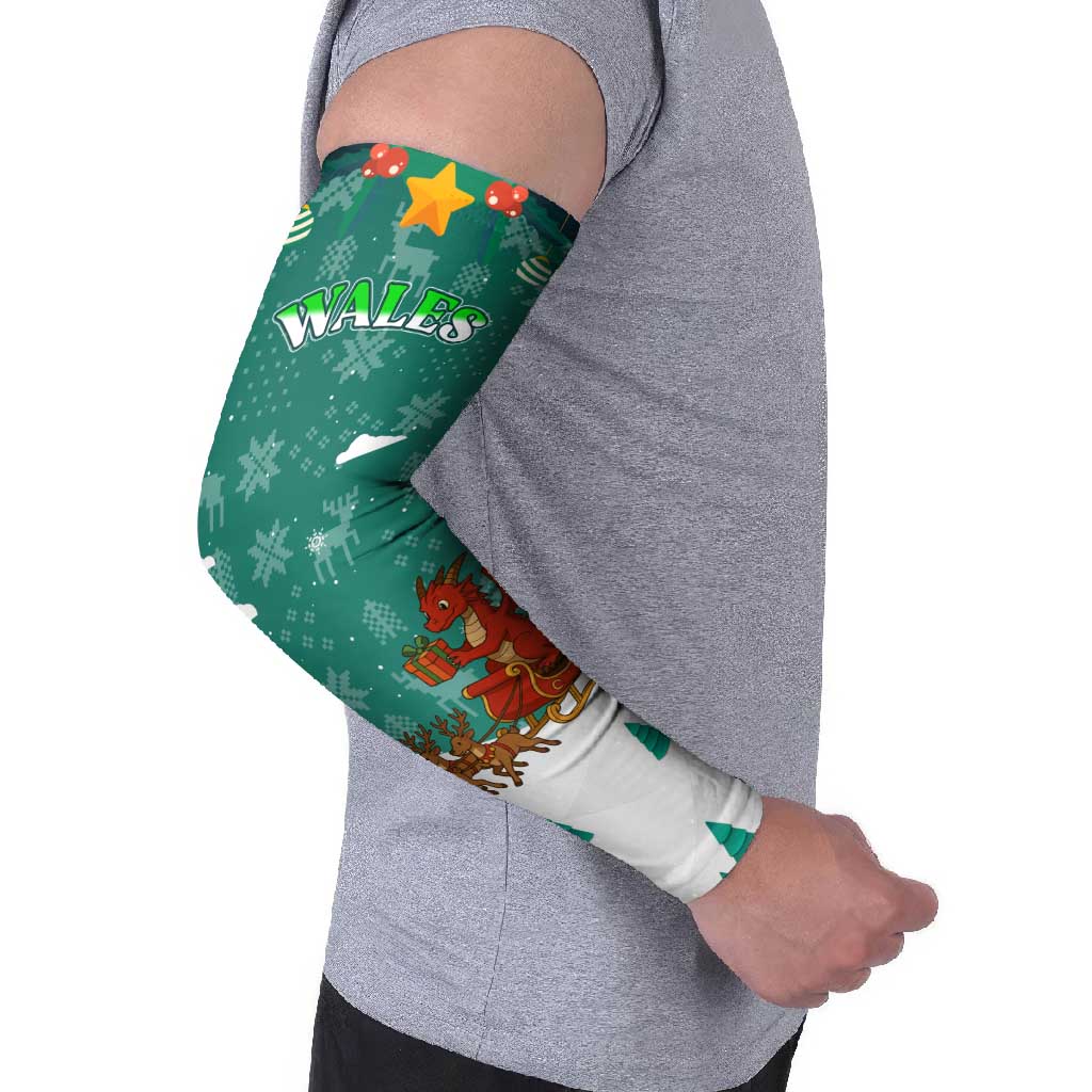 Wales Christmas Arm Sleeves with Red Dragon Santa Sleigh and Festive Green Snowflake - Wonder Print Shop