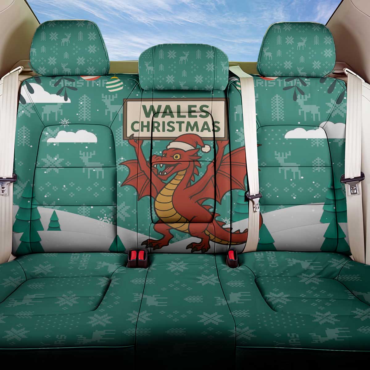 Wales Christmas Back Car Seat Cover with Red Dragon Santa Sleigh and Festive Green Snowflake - Wonder Print Shop