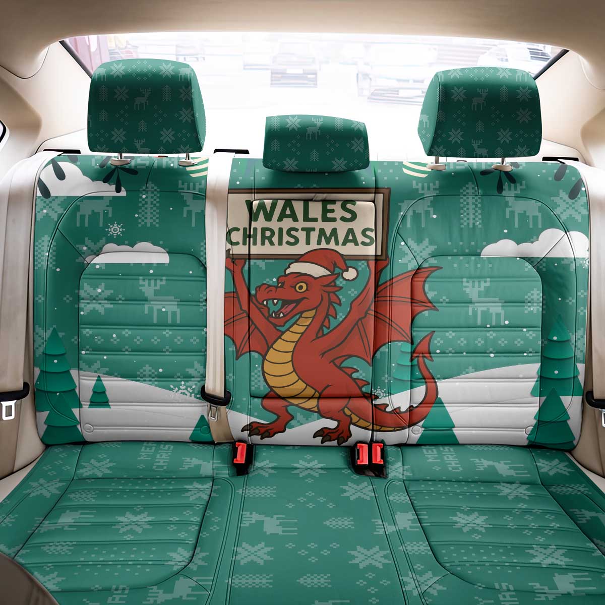 Wales Christmas Back Car Seat Cover with Red Dragon Santa Sleigh and Festive Green Snowflake - Wonder Print Shop