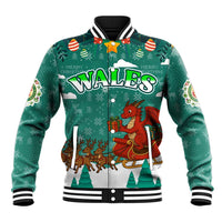 Wales Christmas Baseball Jacket with Red Dragon Santa Sleigh and Festive Green Snowflake - Wonder Print Shop