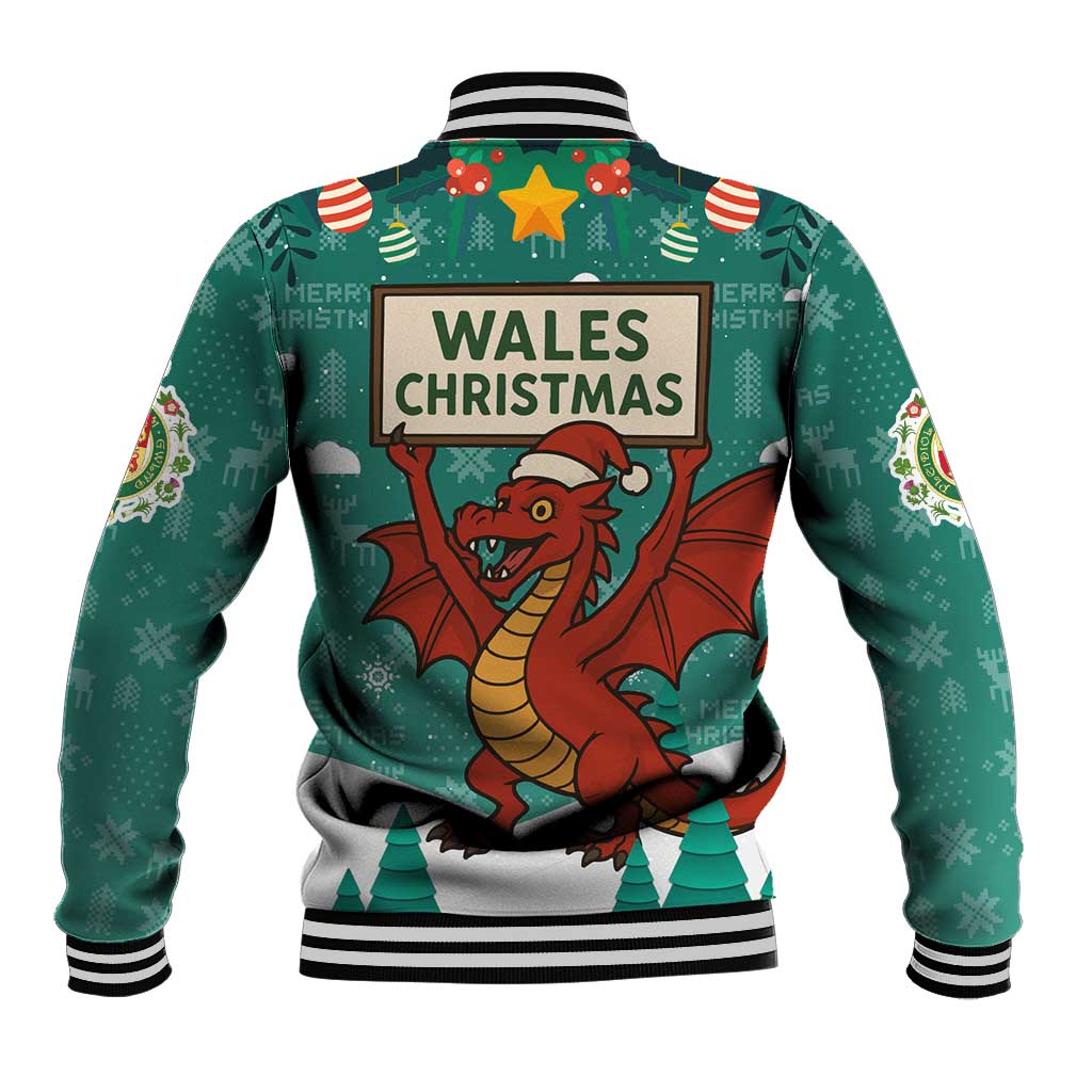 Wales Christmas Baseball Jacket with Red Dragon Santa Sleigh and Festive Green Snowflake - Wonder Print Shop