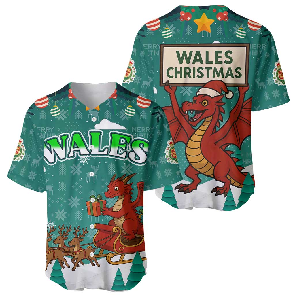 Wales Christmas Baseball Jersey with Red Dragon Santa Sleigh and Festive Green Snowflake - Wonder Print Shop