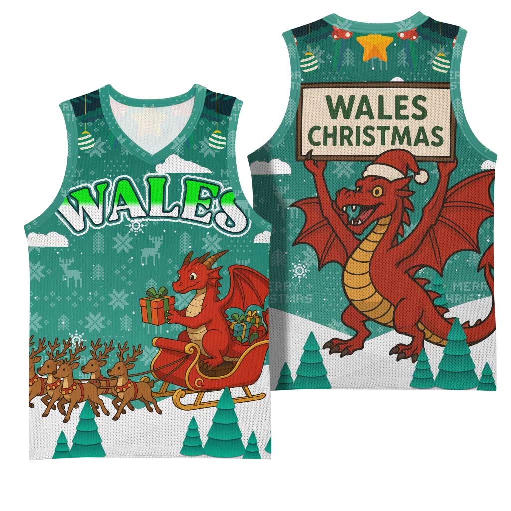 Wales Christmas Basketball Jersey with Red Dragon Santa Sleigh and Festive Green Snowflake - Wonder Print Shop