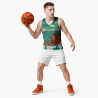Wales Christmas Basketball Jersey with Red Dragon Santa Sleigh and Festive Green Snowflake - Wonder Print Shop