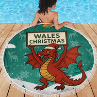 Wales Christmas Beach Blanket with Red Dragon Santa Sleigh and Festive Green Snowflake - Wonder Print Shop