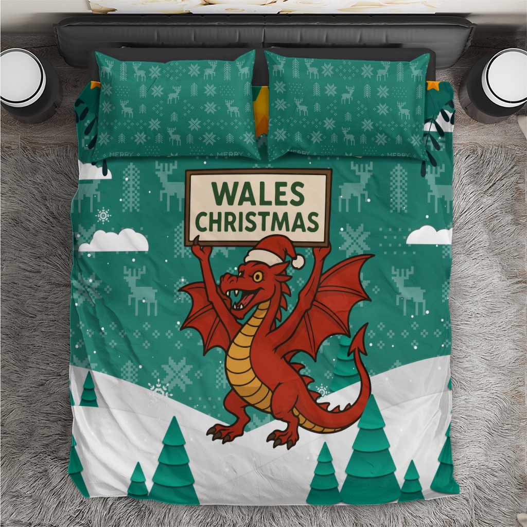 Wales Christmas Bedding Set with Red Dragon Santa Sleigh and Festive Green Snowflake - Wonder Print Shop