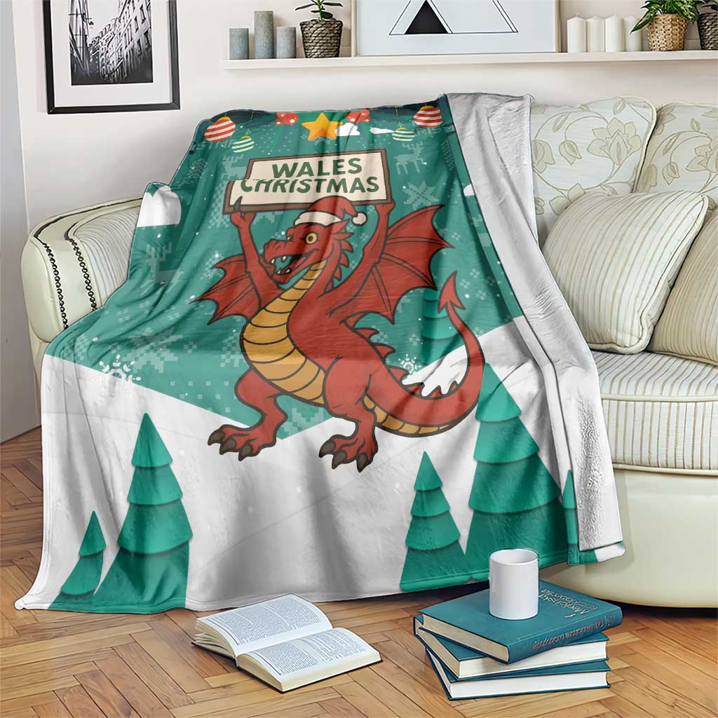 Wales Christmas Blanket with Red Dragon Santa Sleigh and Festive Green Snowflake - Wonder Print Shop