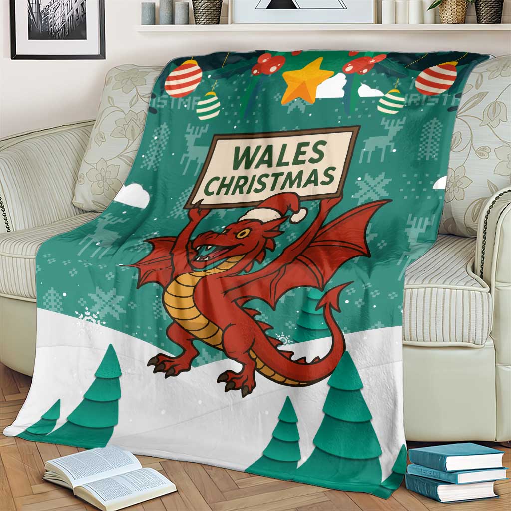 Wales Christmas Blanket with Red Dragon Santa Sleigh and Festive Green Snowflake - Wonder Print Shop