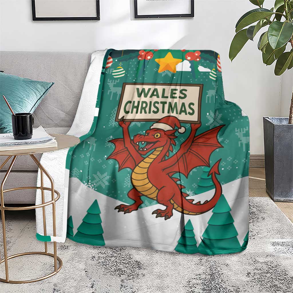 Wales Christmas Blanket with Red Dragon Santa Sleigh and Festive Green Snowflake - Wonder Print Shop