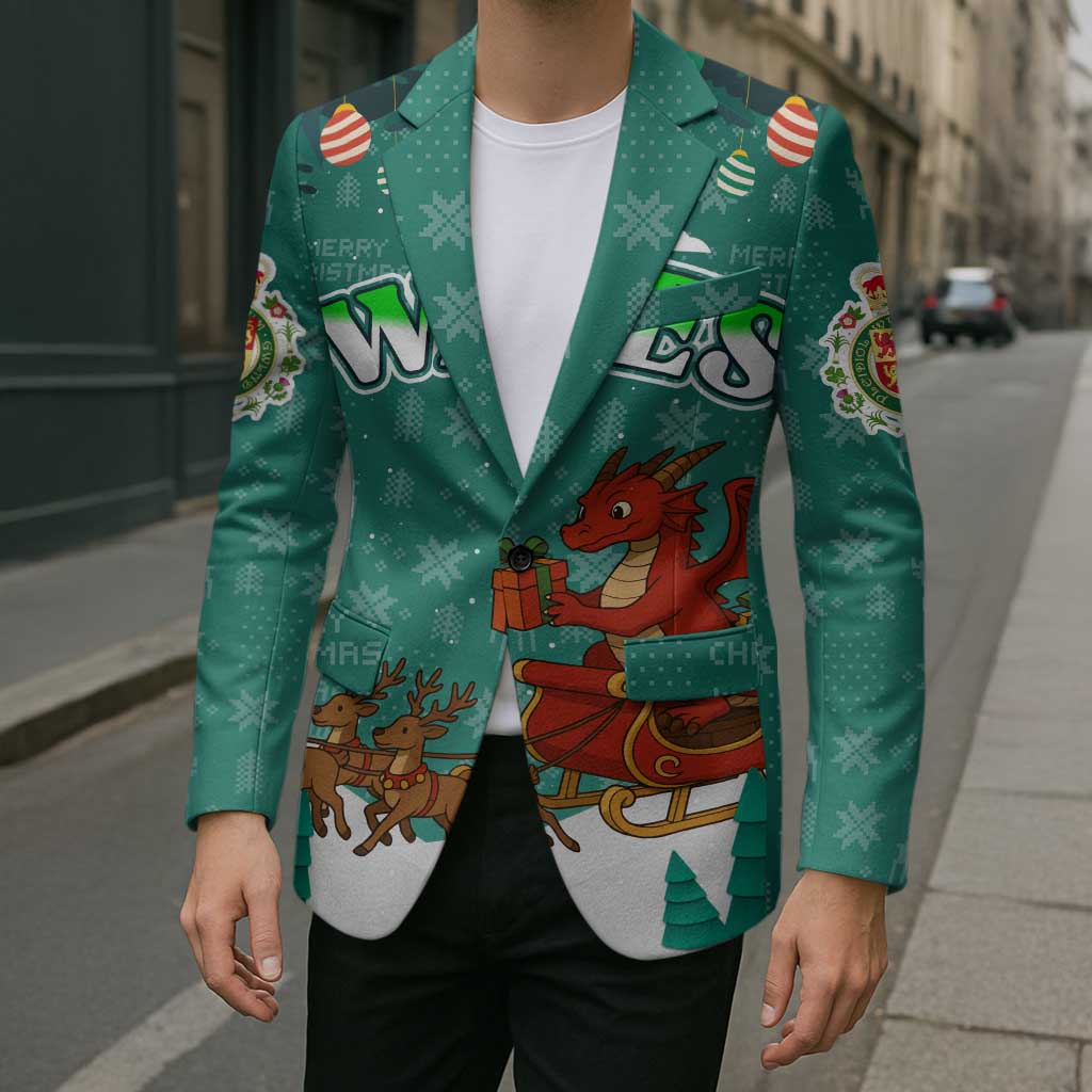 Wales Christmas Blazer with Red Dragon Santa Sleigh and Festive Green Snowflake - Wonder Print Shop