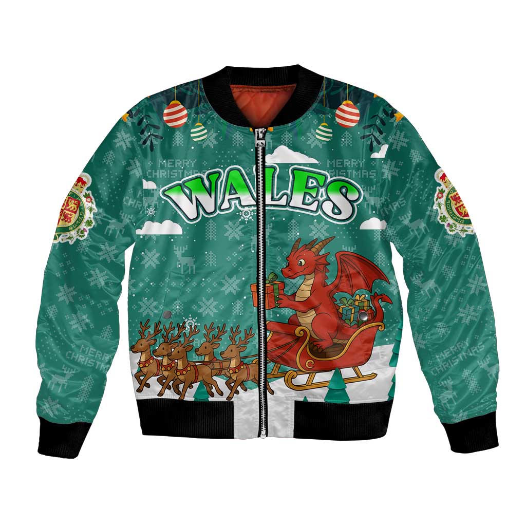 Wales Christmas Bomber Jacket with Red Dragon Santa Sleigh and Festive Green Snowflake - Wonder Print Shop