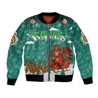 Wales Christmas Bomber Jacket with Red Dragon Santa Sleigh and Festive Green Snowflake - Wonder Print Shop