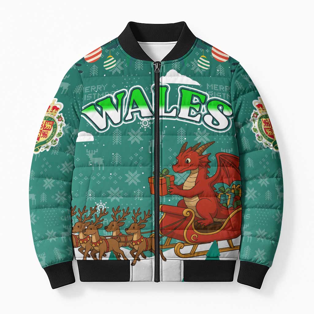 Wales Christmas Bomber Puffer Jacket with Red Dragon Santa Sleigh and Festive Green Snowflake - Wonder Print Shop