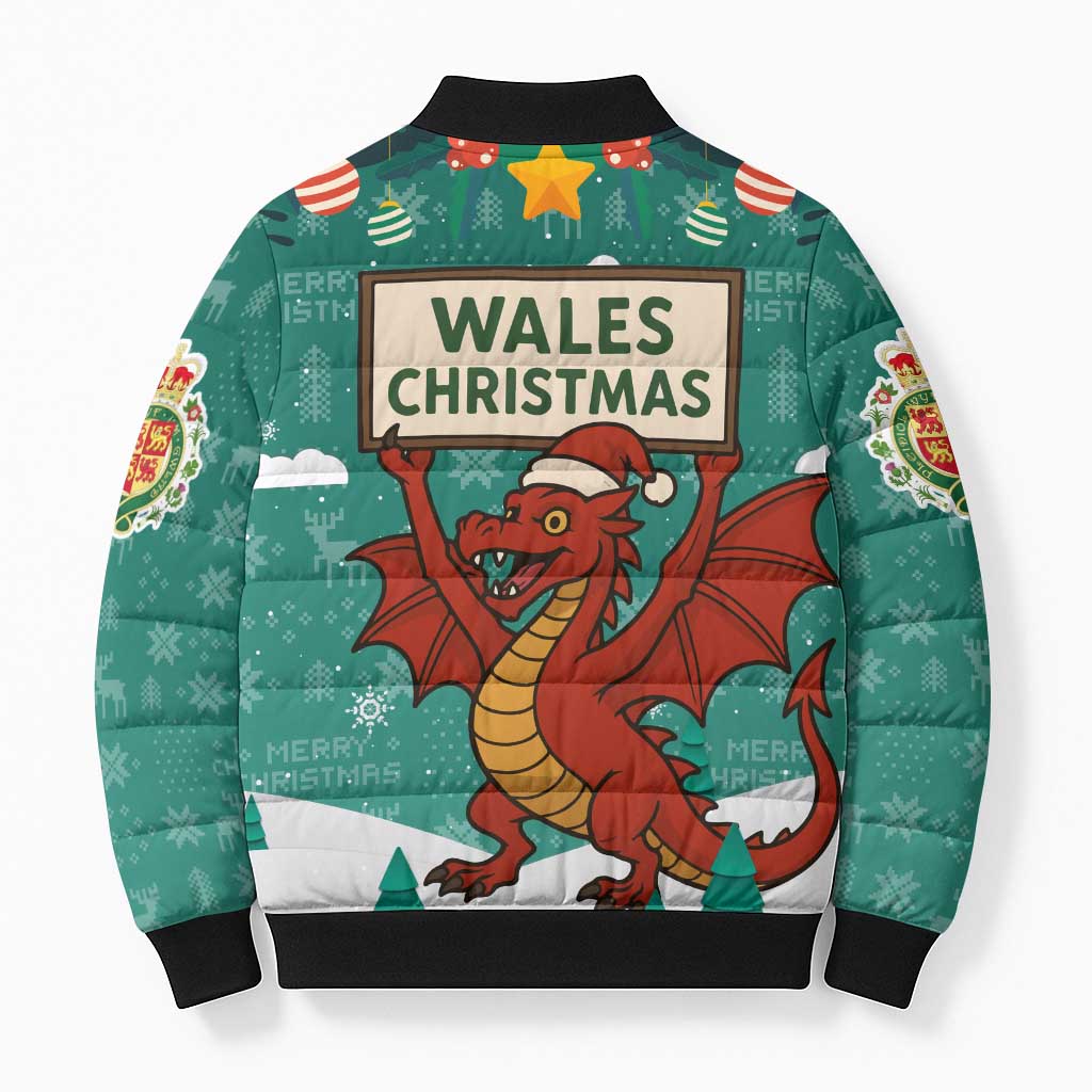 Wales Christmas Bomber Puffer Jacket with Red Dragon Santa Sleigh and Festive Green Snowflake - Wonder Print Shop