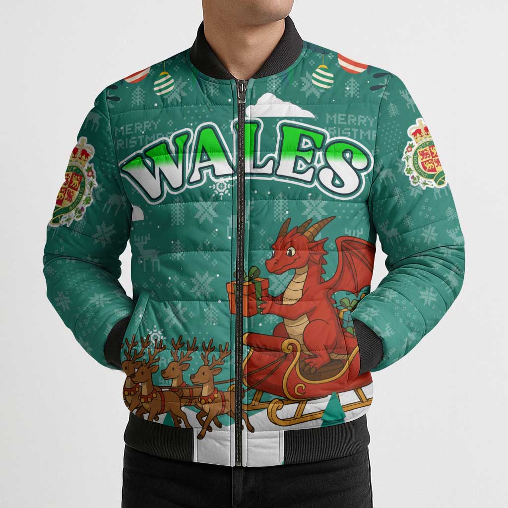 Wales Christmas Bomber Puffer Jacket with Red Dragon Santa Sleigh and Festive Green Snowflake - Wonder Print Shop
