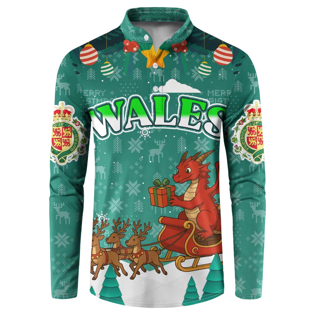 Wales Christmas Button Sweatshirt with Red Dragon Santa Sleigh and Festive Green Snowflake - Wonder Print Shop