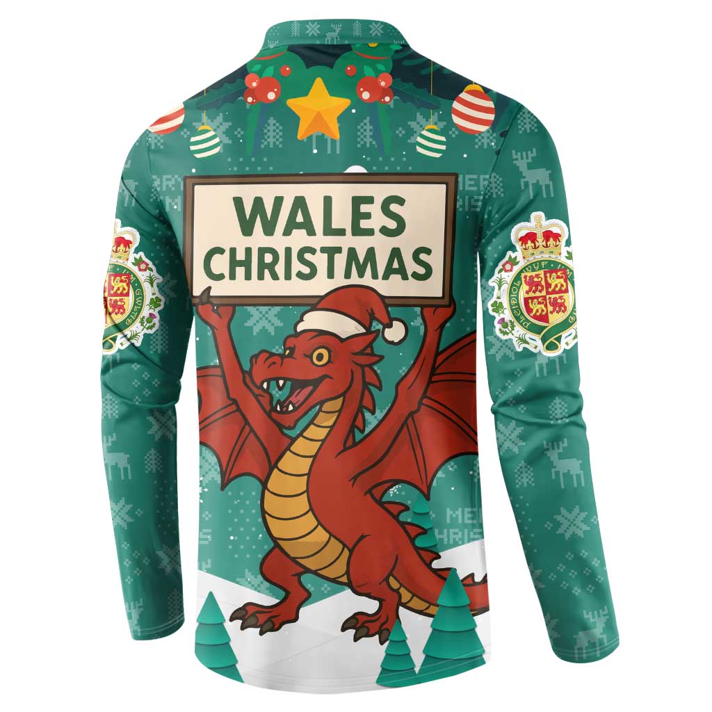 Wales Christmas Button Sweatshirt with Red Dragon Santa Sleigh and Festive Green Snowflake - Wonder Print Shop