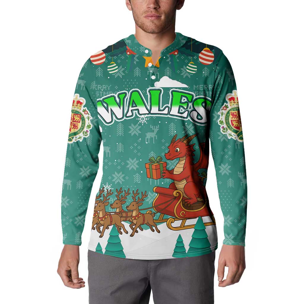 Wales Christmas Button Sweatshirt with Red Dragon Santa Sleigh and Festive Green Snowflake - Wonder Print Shop