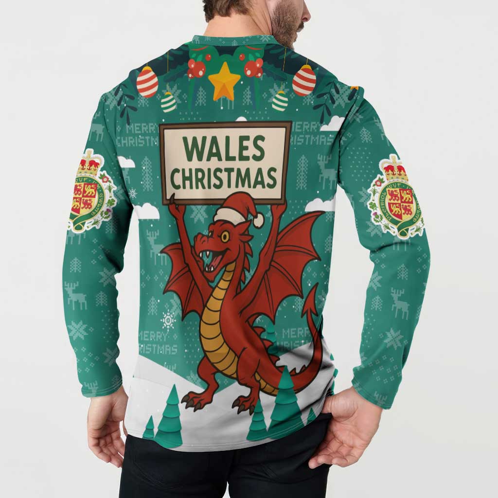 Wales Christmas Button Sweatshirt with Red Dragon Santa Sleigh and Festive Green Snowflake - Wonder Print Shop