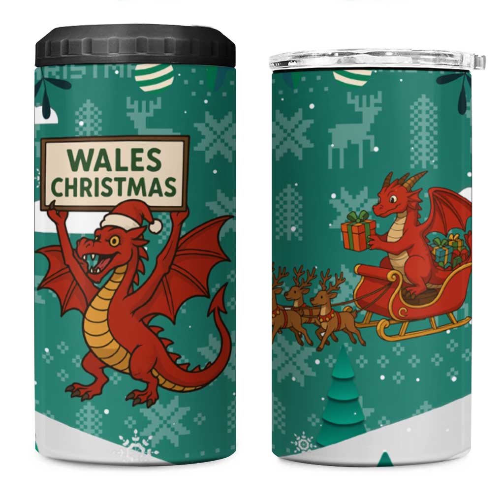 Wales Christmas 4 in 1 Can Cooler Tumbler with Red Dragon Santa Sleigh and Festive Green Snowflake - Wonder Print Shop