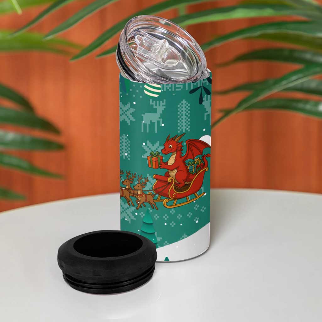 Wales Christmas 4 in 1 Can Cooler Tumbler with Red Dragon Santa Sleigh and Festive Green Snowflake - Wonder Print Shop
