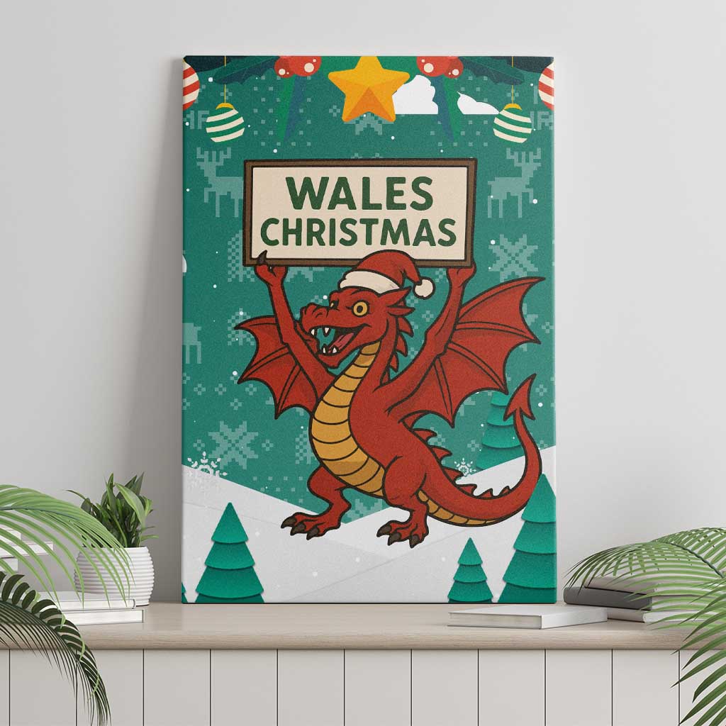 Wales Christmas Canvas Wall Art with Red Dragon Santa Sleigh and Festive Green Snowflake - Wonder Print Shop