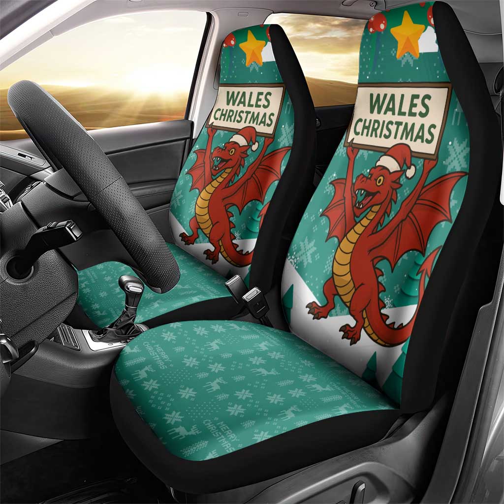 Wales Christmas Car Seat Cover with Red Dragon Santa Sleigh and Festive Green Snowflake - Wonder Print Shop