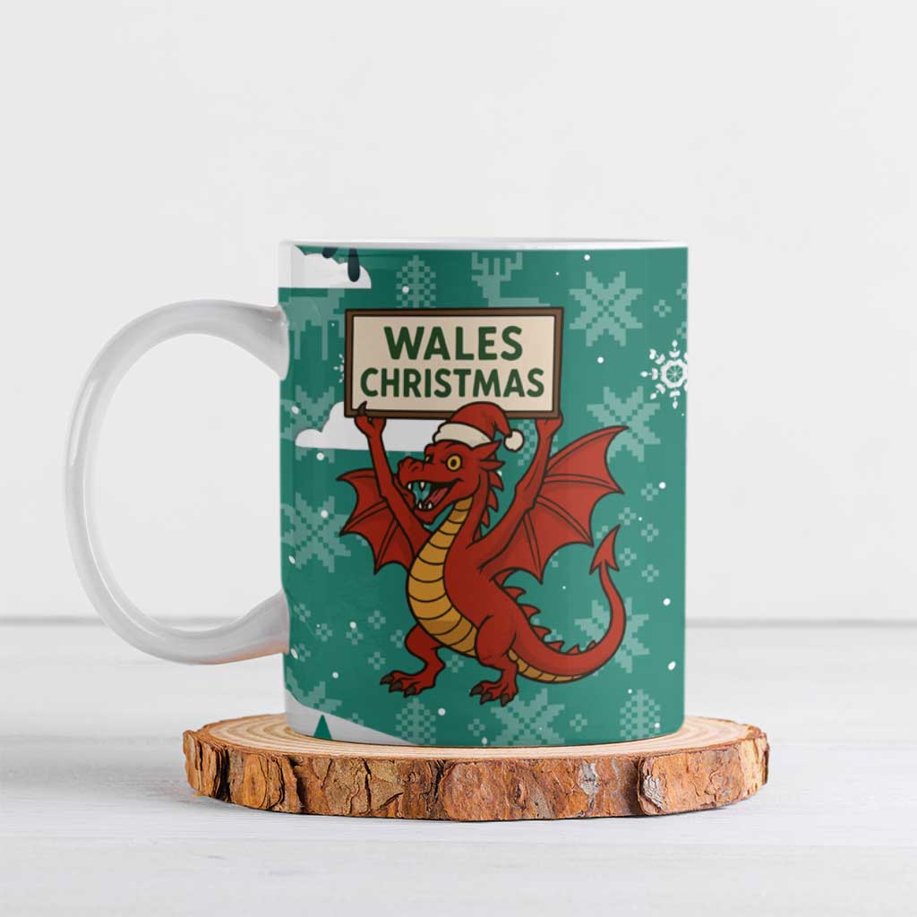 Wales Christmas Ceramic Mug with Red Dragon Santa Sleigh and Festive Green Snowflake - Wonder Print Shop