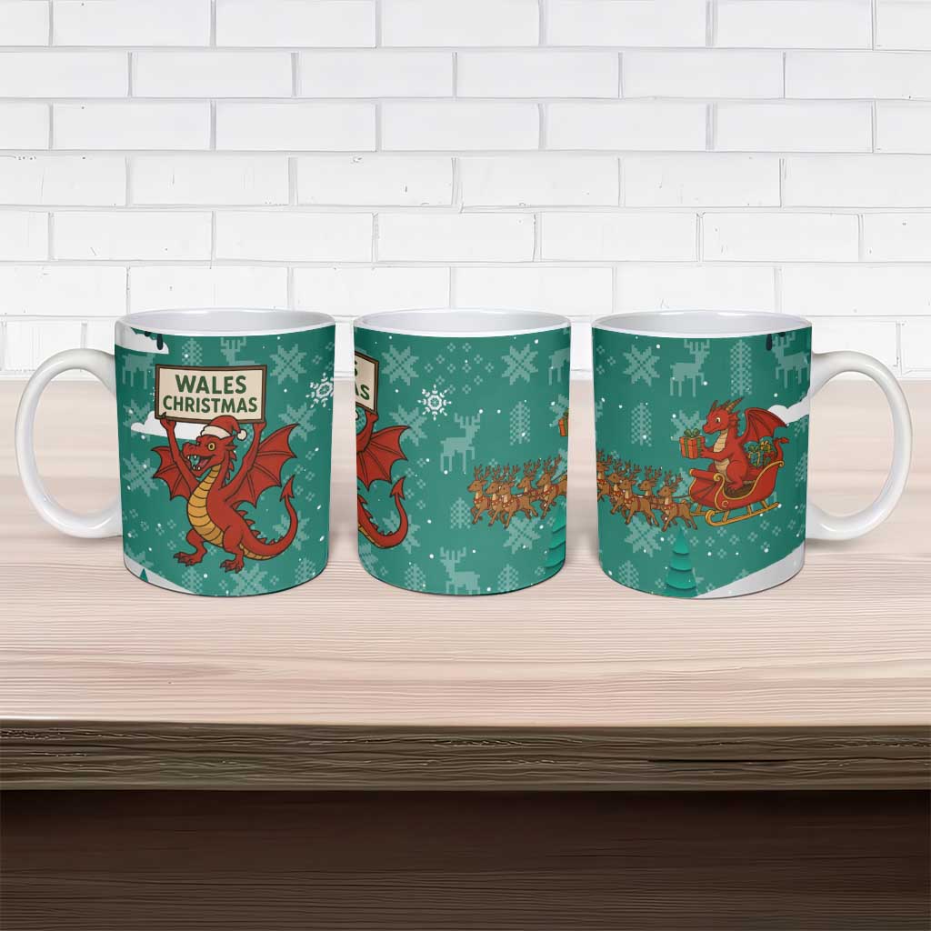 Wales Christmas Ceramic Mug with Red Dragon Santa Sleigh and Festive Green Snowflake - Wonder Print Shop