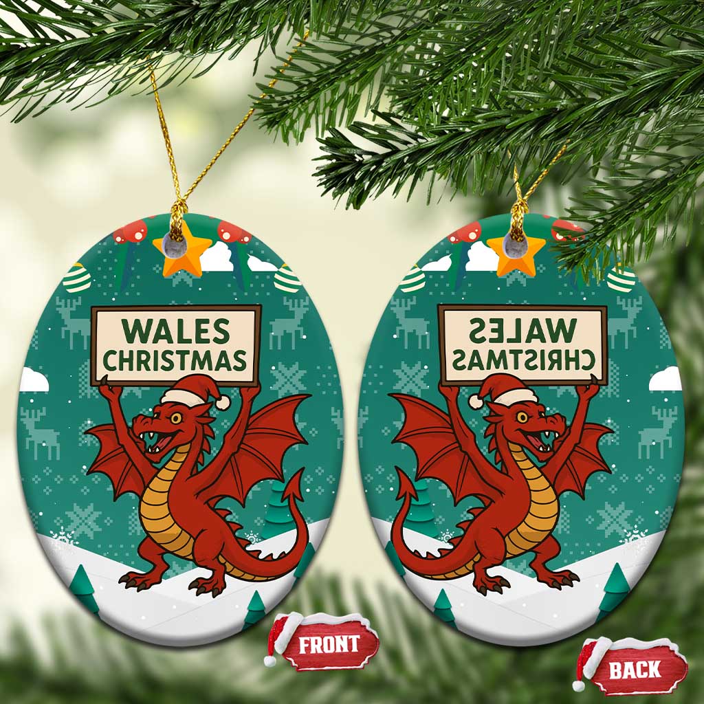 Wales Christmas Ceramic Ornament with Red Dragon Santa Sleigh and Festive Green Snowflake - Wonder Print Shop
