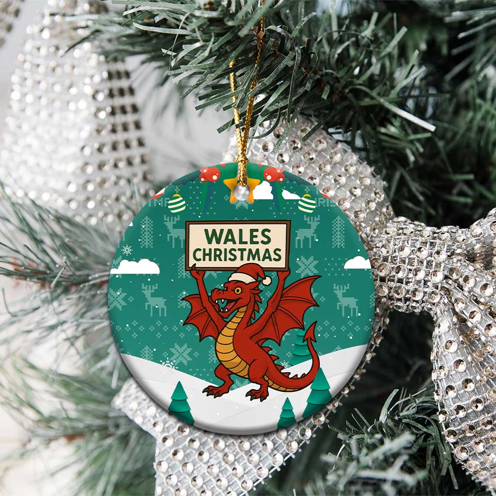 Wales Christmas Ceramic Ornament with Red Dragon Santa Sleigh and Festive Green Snowflake - Wonder Print Shop