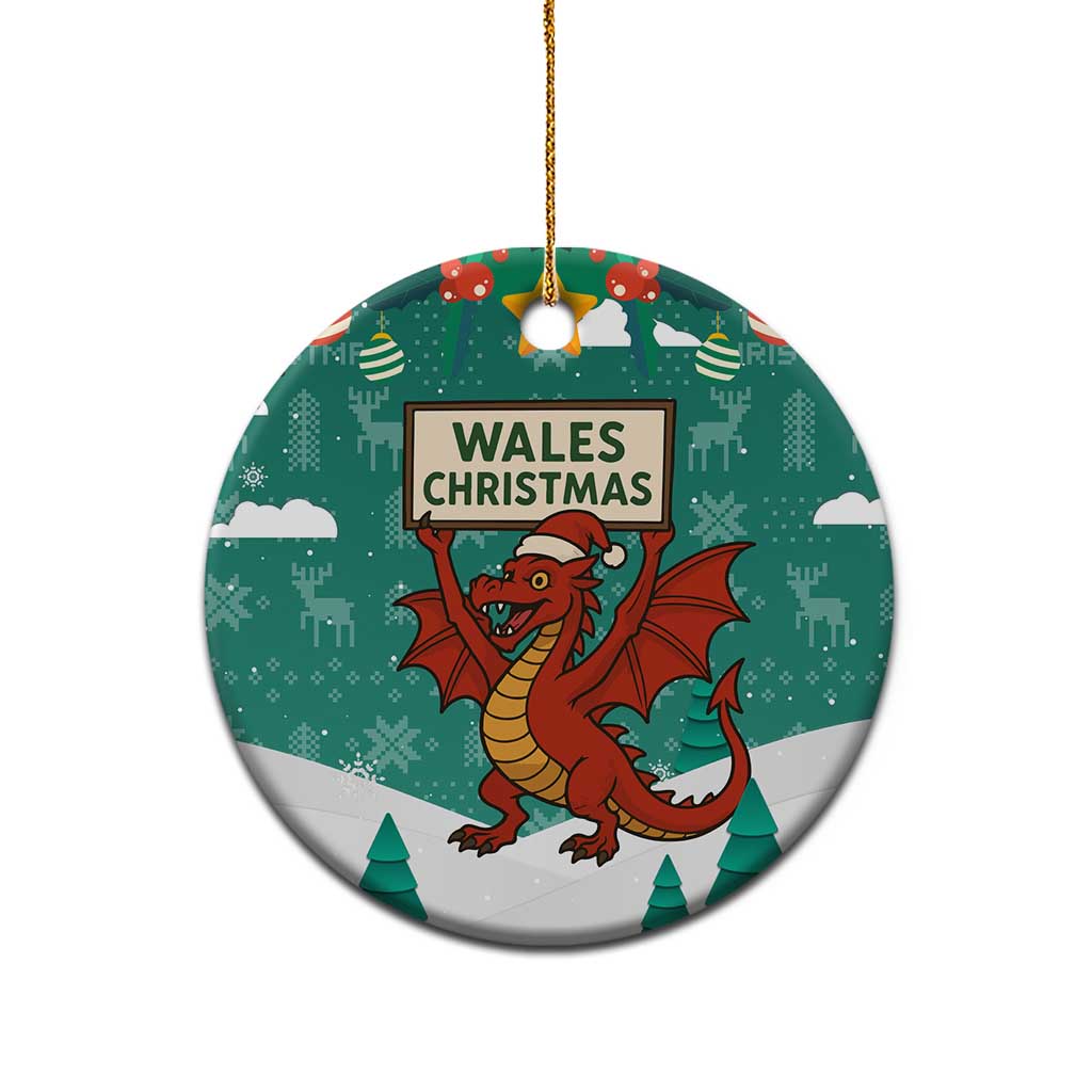 Wales Christmas Ceramic Ornament with Red Dragon Santa Sleigh and Festive Green Snowflake - Wonder Print Shop