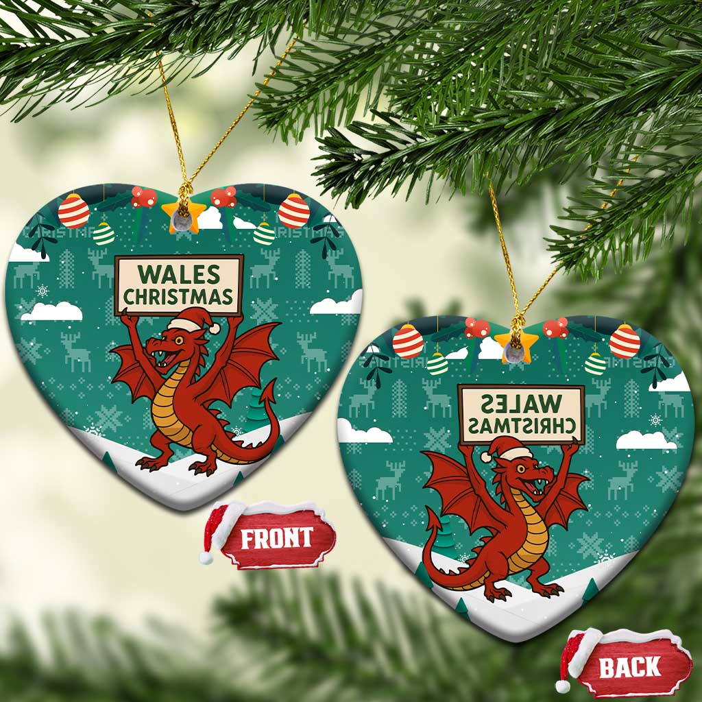 Wales Christmas Ceramic Ornament with Red Dragon Santa Sleigh and Festive Green Snowflake - Wonder Print Shop