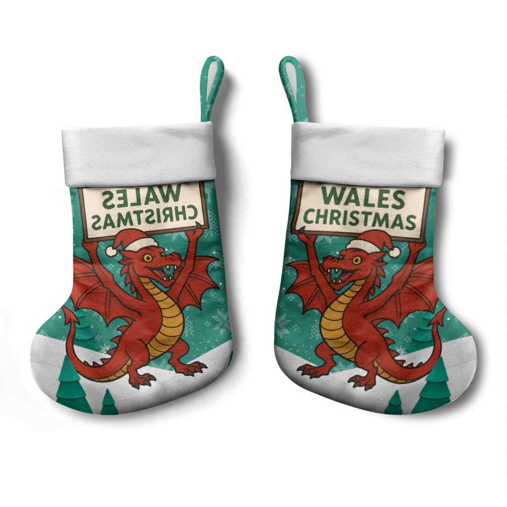 Wales Christmas Stocking with Red Dragon Santa Sleigh and Festive Green Snowflake - Wonder Print Shop