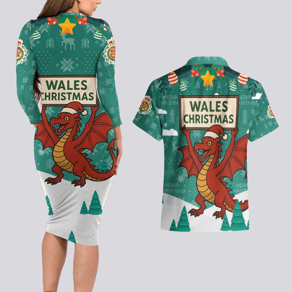Wales Christmas Couples Matching Long Sleeve Bodycon Dress and Hawaiian Shirt with Red Dragon Santa Sleigh and Festive Green Snowflake - Wonder Print Shop