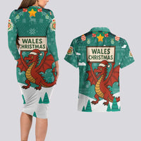Wales Christmas Couples Matching Long Sleeve Bodycon Dress and Hawaiian Shirt with Red Dragon Santa Sleigh and Festive Green Snowflake - Wonder Print Shop