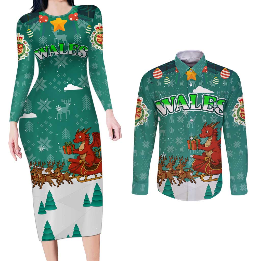 Wales Christmas Couples Matching Long Sleeve Bodycon Dress and Long Sleeve Button Shirt with Red Dragon Santa Sleigh and Festive Green Snowflake - Wonder Print Shop