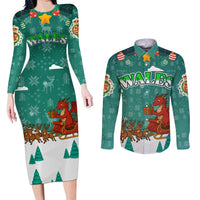 Wales Christmas Couples Matching Long Sleeve Bodycon Dress and Long Sleeve Button Shirt with Red Dragon Santa Sleigh and Festive Green Snowflake - Wonder Print Shop