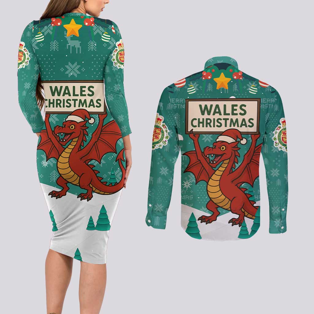 Wales Christmas Couples Matching Long Sleeve Bodycon Dress and Long Sleeve Button Shirt with Red Dragon Santa Sleigh and Festive Green Snowflake - Wonder Print Shop
