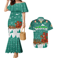 Wales Christmas Couples Matching Mermaid Dress and Hawaiian Shirt with Red Dragon Santa Sleigh and Festive Green Snowflake - Wonder Print Shop